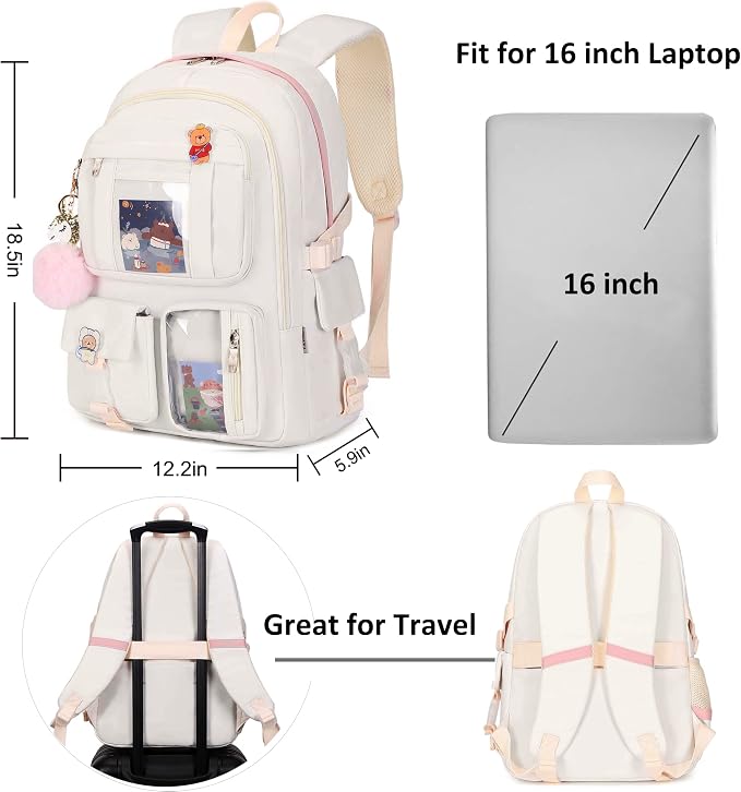 LXYGD Laptop Backpacks 16 Inch School Bag College Backpack 3 PCS with Lunch Box Pencil Pouch Set Large Travel Daypack Kawaii Bookbags for Teens Girls Women Students (Off-white) - Image 6