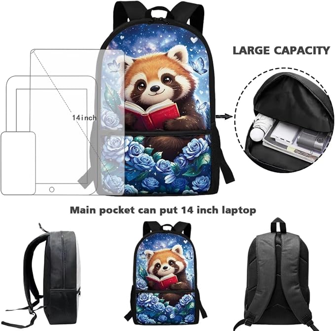 Red Panda Backpack Girls 17 Inch Large Capacity School Bag with Lunch Bag, 4-in-1 Set, Reading Animal Bookbag and Pencil Case Water Bottle Holder Back to School Supplies - Image 4