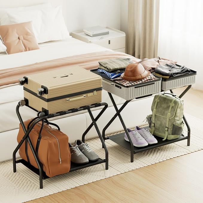 AMHANCIBLE Luggage Rack, Set of 2, Foldable Suitcase Stands for Guest Room, Metal Luggage Holder with Storage Shelf for Bedroom, Hotel, Easy Assemble, Black HLR02BK - Image 2