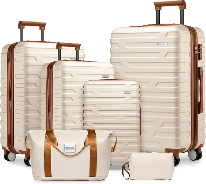 Cream 6 Piece Luggage Set Hard Shell - Expandable Suitcases with Spinner Wheels and Duffel Bags for Family Travel, Durable Carry On Luggage Sets with Lock for Women and Men by Unknown