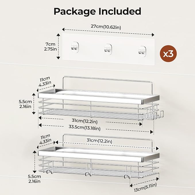 Orimade Shower Caddy with 5 Hooks Organizer for Hanging Razor and Sponge Bathroom Basket Adhesive Shower Shelf Storage Kitchen Rack Wall Mounted No Drilling Rustproof Stainless Steel - 2 Pack - Image 4