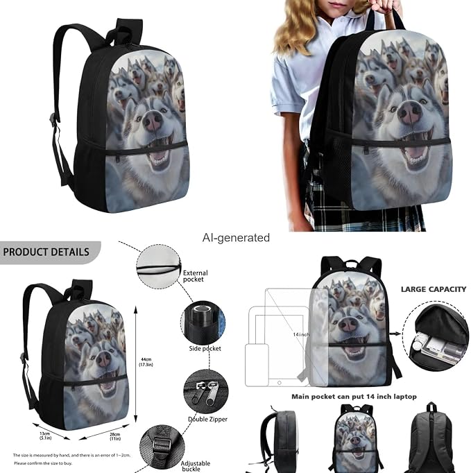 Husky Dog Backpack for School Boys Backpack with Lunch Box Water Bottle Carrier and Soft Pencil Pouch 4PCS Set Lightweight Bookbag with Front Pocket 17 inch Large Capacity School Bag for Kids - Image 3