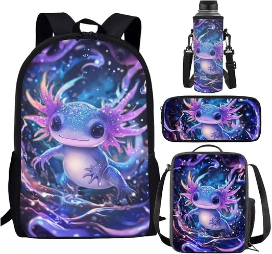 Galaxy Axolotl Backpack with Lunch Box Kids Girls 6-8/8-9 Ocean Elementary School Bookbag 17in Preschool Book Bags 4 in 1 Student Back Pack and Lunch Bag Pencil Case Water Bottle Holder Set by SCRAWLGODDreamWardrobe