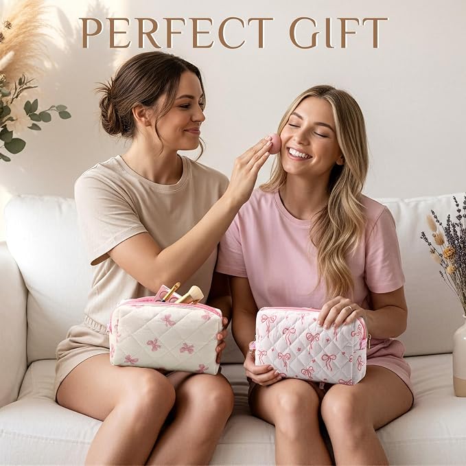 Paterr 10 Pcs Quilted Makeup Bag Bulk Cotton Floral Cosmetic Bag Women Girls Bridesmaid Gifts Cute Makeup Pouch Coquette Aesthetic Travel Toiletry Organizer(Pink Bow,6.30 x 3.94 Inches) - Image 7