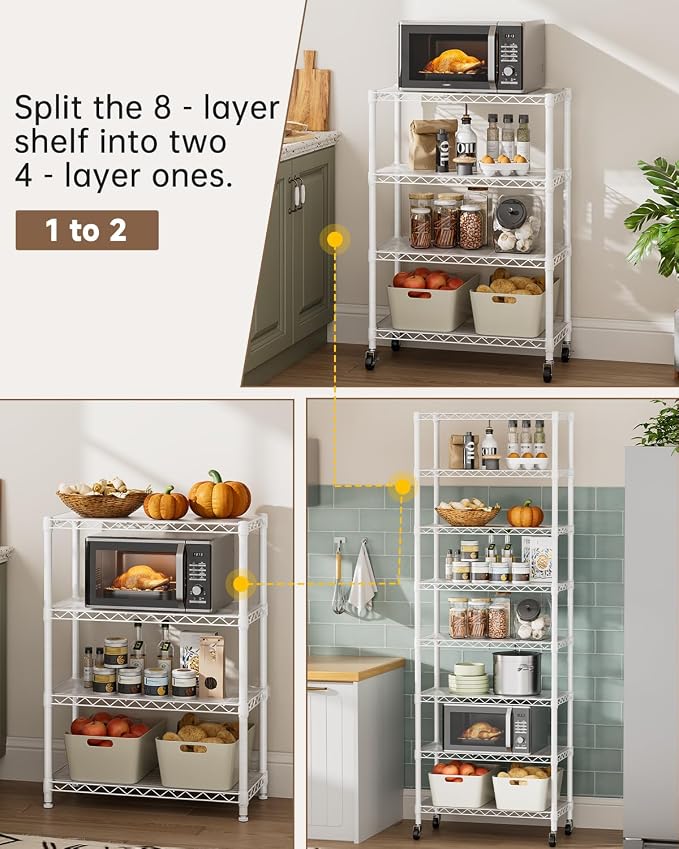 Golpart 8 Tier Shelves Storage Shelf Wire Closet Bathroom Organizers Metal Pantry Kitchen Garage Shelving Unit Laundry Room Organization Home Rack Net Basket Black with Wheels 12”D X 22”W X 74.2”H - Image 7