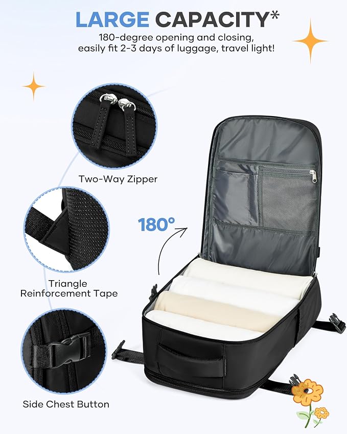 coofay Large Black Travel Backpack Carry on Flight Approved Mochila De Viaje Personal Item Backpack for Airlines Frontier Airlines Personal Item Bag Large Backpacks for Travel Backpacks for Men Women - Image 5
