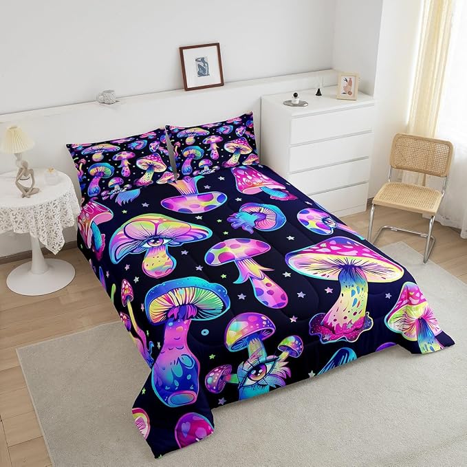 Mushroom Comforter Set King,Kawaii Trippy Botanical Bedding Set Psychedelic Plant Down Comforter for Kids Girls Teens Women Cartoon Cute Mushroom Room Decor Quilt Duvet Set with 2 Pillow Cases Black - Image 3