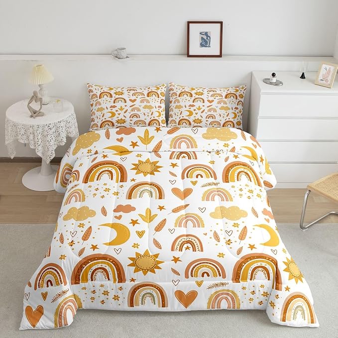 Rainbow Comforter Set, Sun Moon And Stars Duvet Insert Queen Size For Kids Girls Boys Teens Bedroom Decor, Bohemian Dream Catcher Feather Down Comforter Iridescent Branches Cartoon Quilt, Gold Yellow - Image 2