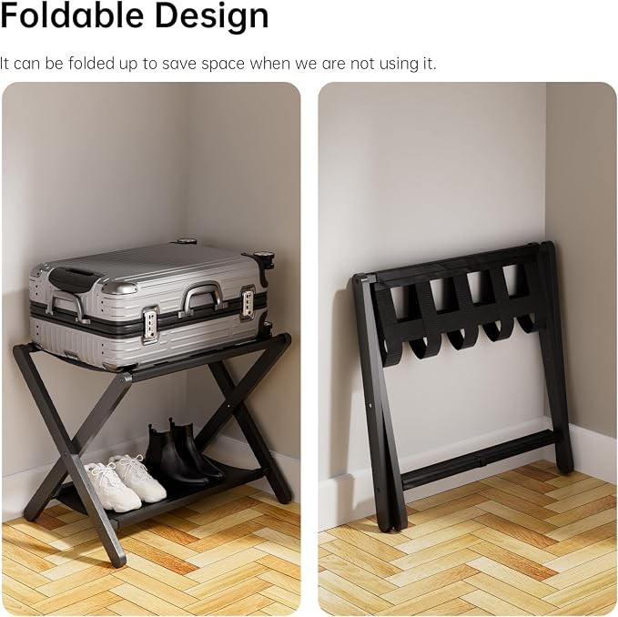 HITNET Luggage Rack for Guest Room, Pack of 2, Suitcase Stand Folding Bedroom, Bamboo Hotel Luggage Holder with Fabric Storage Shelf and Nylon Straps, Black - Image 3