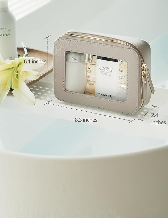 Popvibe Clear Makeup Bag Travel Cosmetic Case Transparent Toiletry Bag with Zipper, Portable Make Up Organizer Traveling Compact Car Bag for Essentials, Stone, Medium - Image 3