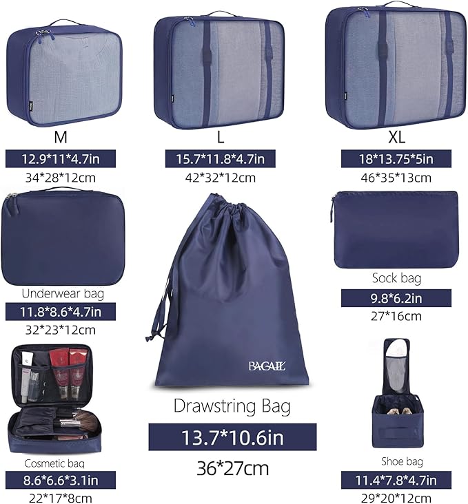 BAGAIL 8 Set Packing Cubes Luggage Packing Organizers for Travel Accessories-Indigo - Image 2