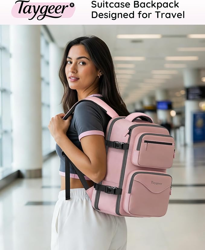Taygeer Travel Backpack for Women, Travel Personal Item Bag with Shoe Pouch | TSA Approved Under Seat Carry on Backpack with Water Bottle Pocket Fits 15.6inch Laptop, Travel Essentials for Airplanes,Pink - Image 2