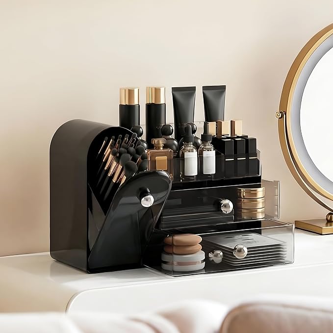 lurcns Makeup Organizer with Dustproof Brush Holder for Vanity, Large Cosmetics Organizer and Bathroom Countertop Skincare Storage with 2 Clear Drawers for Lipstick, Perfume, Eyeshadow Palettes,Black - Image 3