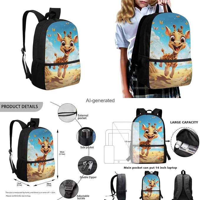 Giraffe Backpack for Girls Kids Backpack with Lunch Box Water Bottle Carrier and Cute Pencil Case 4PCS Set Bookbag with Front Pocket for School 17 inch Large School Bag for Elementary Girls - Image 3