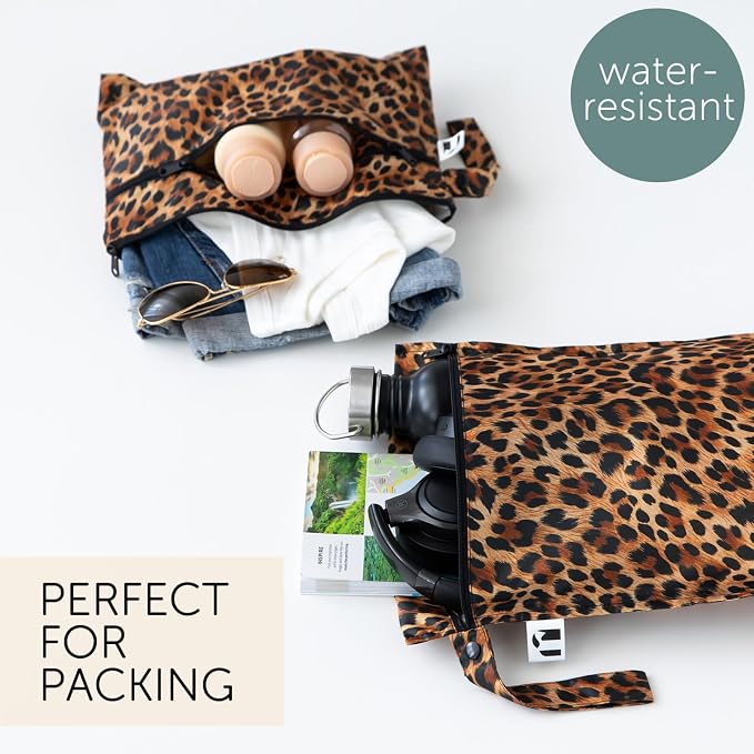 Bumkins Roamio Waterproof Wet Bag & Wet/Dry Clutch Set – Reusable Travel Organizers for Swim, Beach, Gym, Baby Gear, Cloth Diapers, Pump Parts, Pool, Toiletries – Machine Washable, Leopard 2-Pack - Image 2
