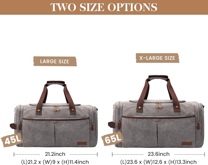 S-ZONE 65L Expandable Canvas Duffle Bag Travel Overnight Holdall Weekend Bag with Shoes Compartment Large Carry On Bag Tote Gym Bag for Men Women, Light Gray, X-Large, Travel Duffle | Water-resistant, X-Large Size, Multi-Pockets, Removable Shoulder Str... - Image 4