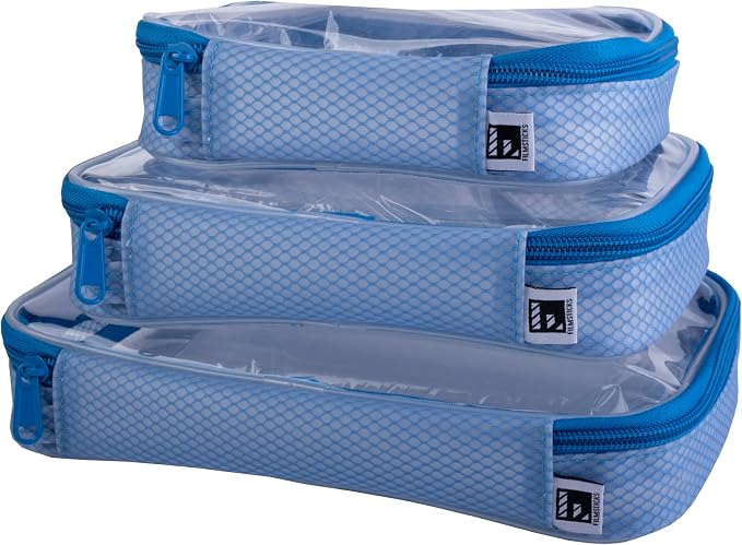 Filmsticks Set of 3 Transparent TPU Storage Cases, Blue, Small Medium Large, 170 x 50 x 135 mm to 250 x 50 x 160 mm, Clear Zip Organisers for Camera Gear, Cables, Tools and Accessories by Filmsticks