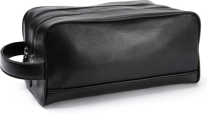 Leatherology Black Onyx Double Zip Toiletry Bag – Full-Grain Leather Men's Dopp Kit with Dual Compartments, Water-Resistant Lining & Top-Stitched Handle - Image 3