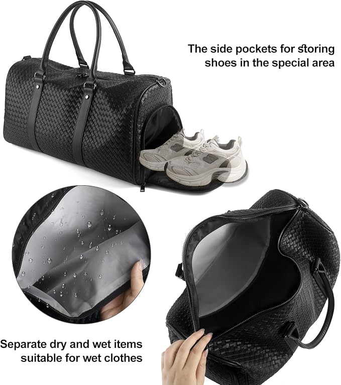Weekender Bag for Women Men Water-resistant Gym Tote, Leather Woven Travel Duffel Bags with Shoe Compartment - Image 4