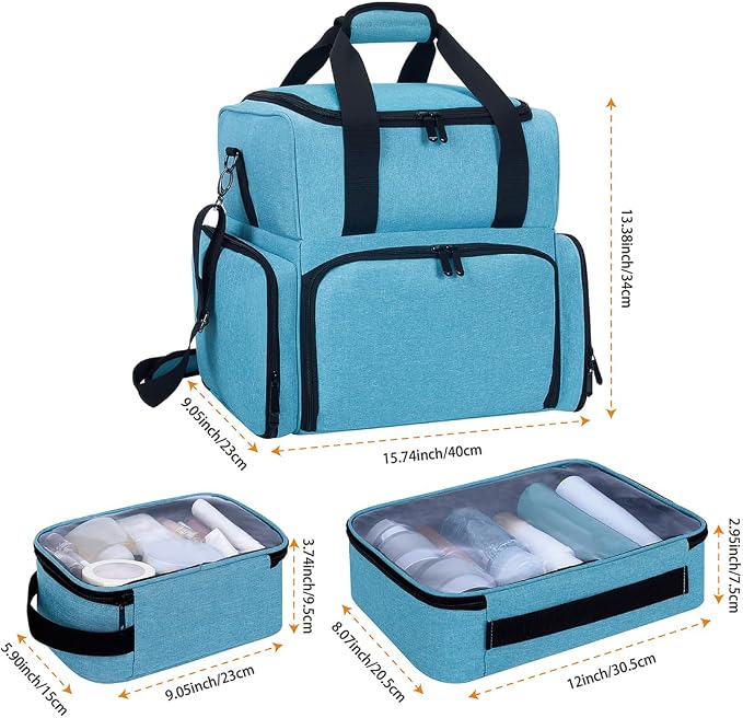 Large Makeup Bag Double Layer with 3 Removable Case.Lake Green | Large Makeup Bag with 3 Removable Case and 2 Removable Dividers Double Layer Travel Cosmetic Makeup Brushes Storage Section - Image 2