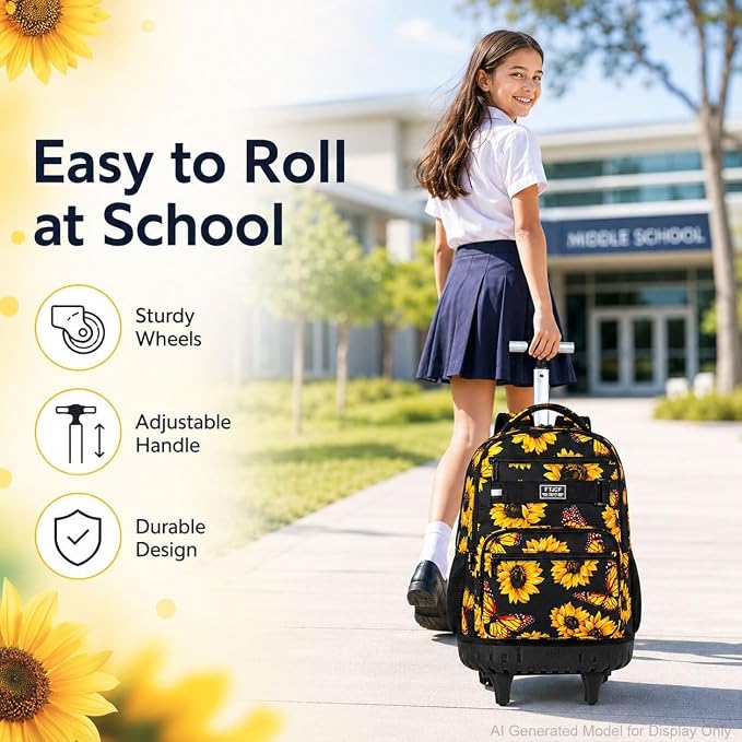 3Pcs Rolling Backpack for Girls, 19 Women Inche Roller Bag with Wheels, Sunflower Wheeled Bookbag Set for Adults(Yellow) - Image 2