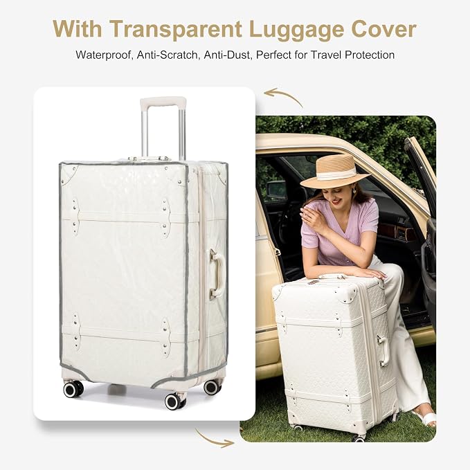 NZBZ Vintage Luggage Sets for Women Retro Suitcase Cute Vintage Expandable Luggage of 3 (Pure White, 20inch & 24inch & 28inch) - Image 9