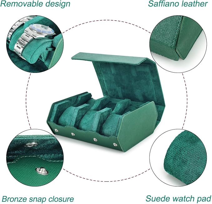 Hiram Genuine Leather Hexagon Watch Roll Travel Case, Leather 6-Watches Roll Case with Removable Pillow Cushion for Treasured Watches and Bracelets -Green - Image 4
