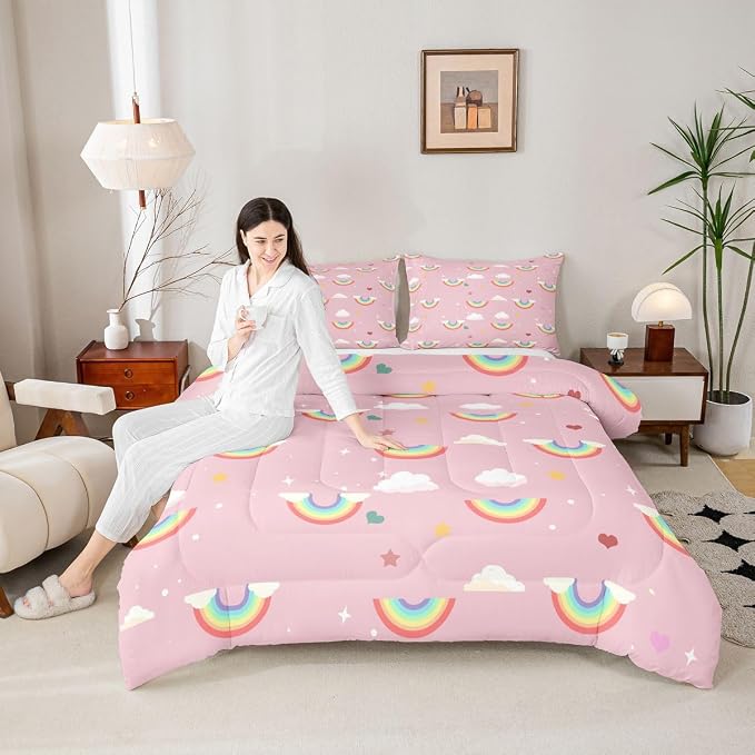 Erosebridal Rainbow Down Comforter Queen Size, Sparkly Galaxy Comforter Set for Kids Girls Boys Children Teens Women, Starry Sky Cloud Quilted Duvet Iridescent Stripes Bedding Set All-Season, Pink - Image 4