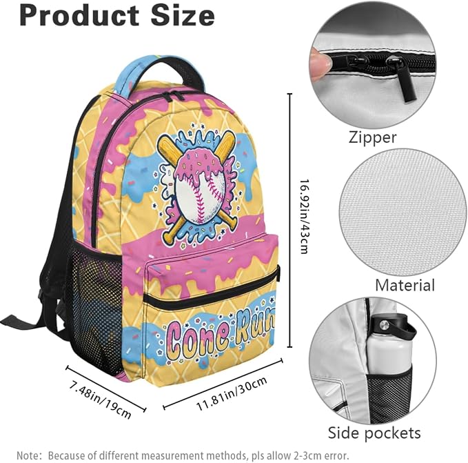 Cone Ice Cream Drip Baseball Print Kids 4-in-1 School Bag, Comfort-Padded Backpack Set with Lunch Box, Pencil Case & Dinosaur Charm Sport Bookbag for Girls Ages 8-12 4th 5th Grade - Image 4