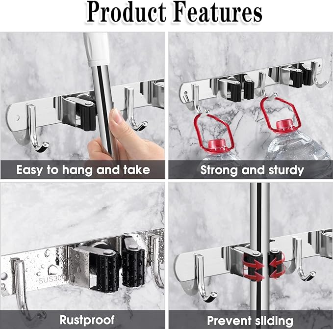 2 Racks and 3 Hooks Broom and Mop Holder Wall Mounted Garage Organizer Storage Tool Racks Stainless Steel Heavy Duty Hooks Self Adhesive Solid Non-slip Wall Hangers for Home Kitchen Garden Laundry - Image 2