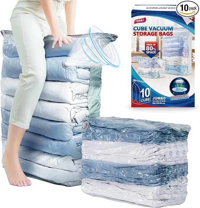 TAILI 10 Pack Vacuum Storage Bags, Jumbo Cube Space Saver Bags (31x40x15 Inch), Extra Large Vacuum Sealer Bags for Comforters Blankets Bedding Clothing, Closet Organizer, Cream by TAILI