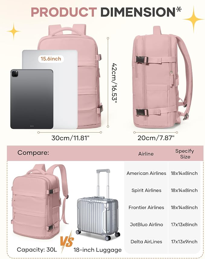 coofay Personal Item Travel Backpack for Women Airline Approved Carry on Backpack Flight Approved Waterproof Sports Luggage Backpack Casual Daypack Small Hiking Backpack Pink Backpack - Image 3