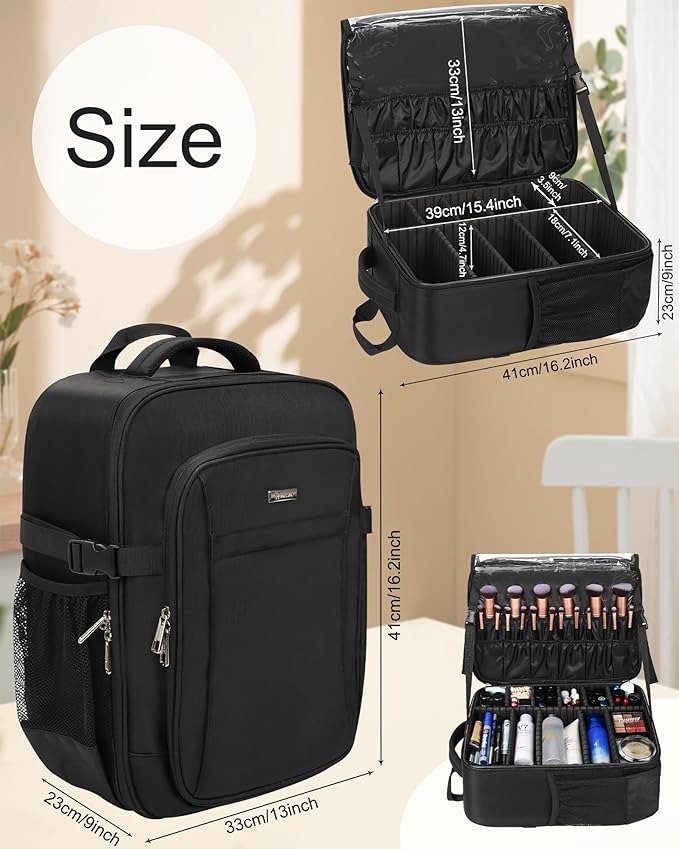 Relavel Makeup Backpack, Professional Travel Train Case Makeup Artist Kit Set Bag for Women Extra Large Cosmetic Organizer, Brush Storage Holder, with Adjustable High Dividers, Black - Image 6