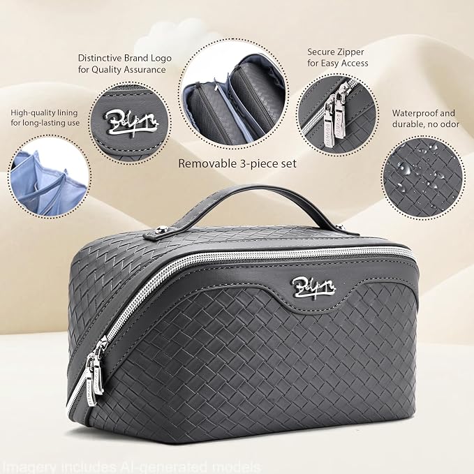 BOYATU Travel Makeup Bag Cosmetic Bags for Women: Large Capacity 3 Pcs Set Make up Bag with Compartments - Waterproof Vegan Leather Toiletry Organizer Bags with Handle (L07Grey) - Image 3