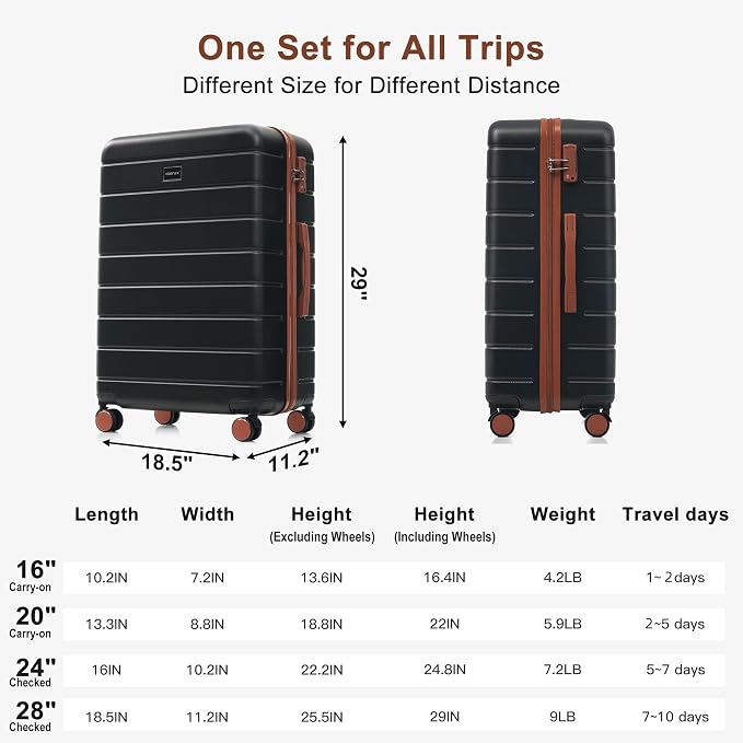 Hardside Luggage Sets, Lightweight Suitcase with Spinner Wheels, Black - Image 8