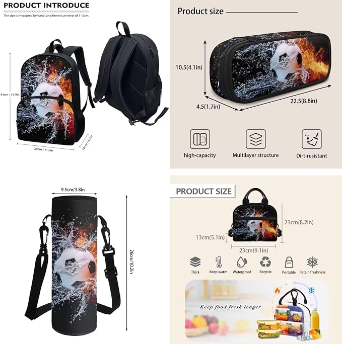 POLERO Boys Soccer School Backpack with Lunch Box Set Elementary Preschool Kindergarten Kids Pencil Case Water Bottle Holder Cover - Image 4
