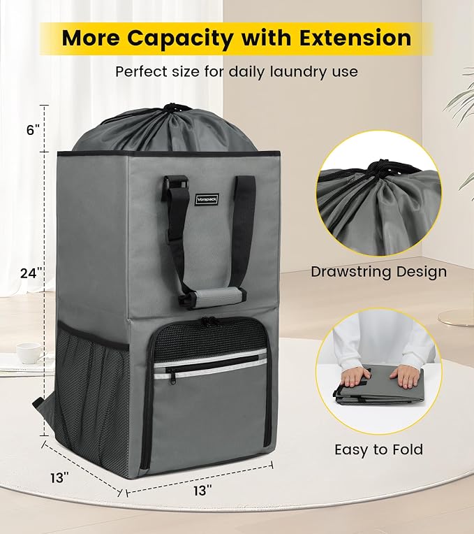 Vorspack Laundry Bag Backpack - Extra Large Laundry Bags with Shoulder Straps Heavy-duty 2 in 1 Laundry Hamper Basket for College Dorm Camp Laundromat Room Essentials - Grey - Image 2
