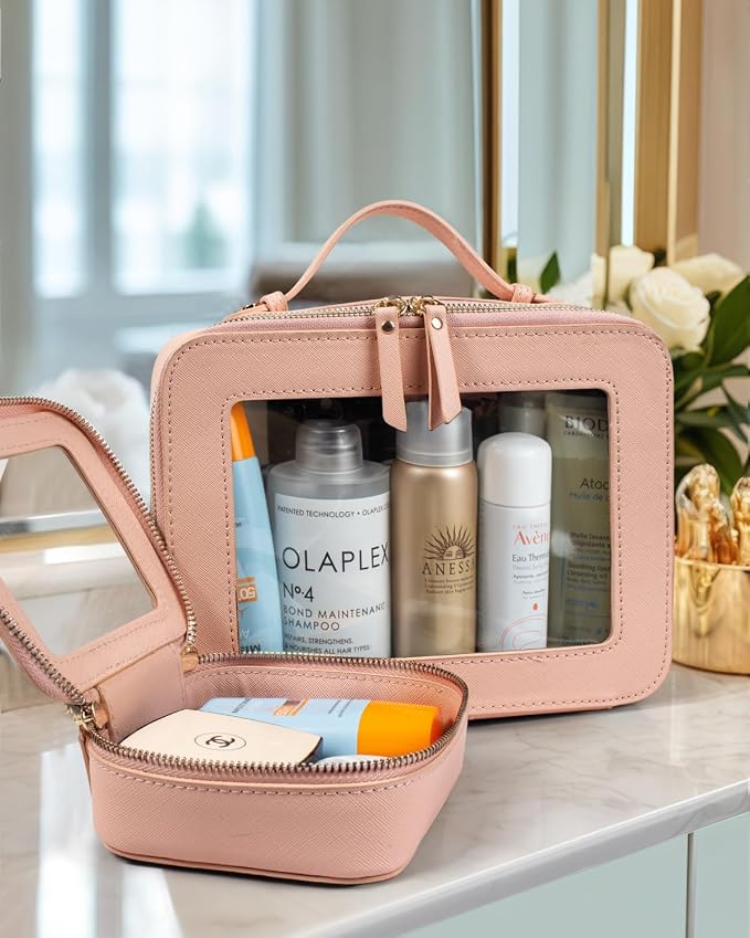 LETGO 2 Pack Clear Travel Toiletry Bag for Women, Large & Mini Waterproof PU TSA Approved Cosmetic Pouches,Portable Beach Vacation Makeup Organizer Set,See Through Skincare Sunscreen Bags for Women - Image 3