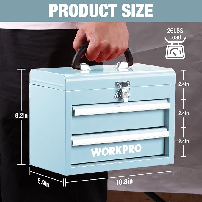 WORKPRO Portable Mini Metal Tool Box with 2 Drawers | Metal Tool Chest, Ball Bearing Slides, Top Storage, Latch Handle, PVC Drawer Liners, PP Feet Pads - Image 2