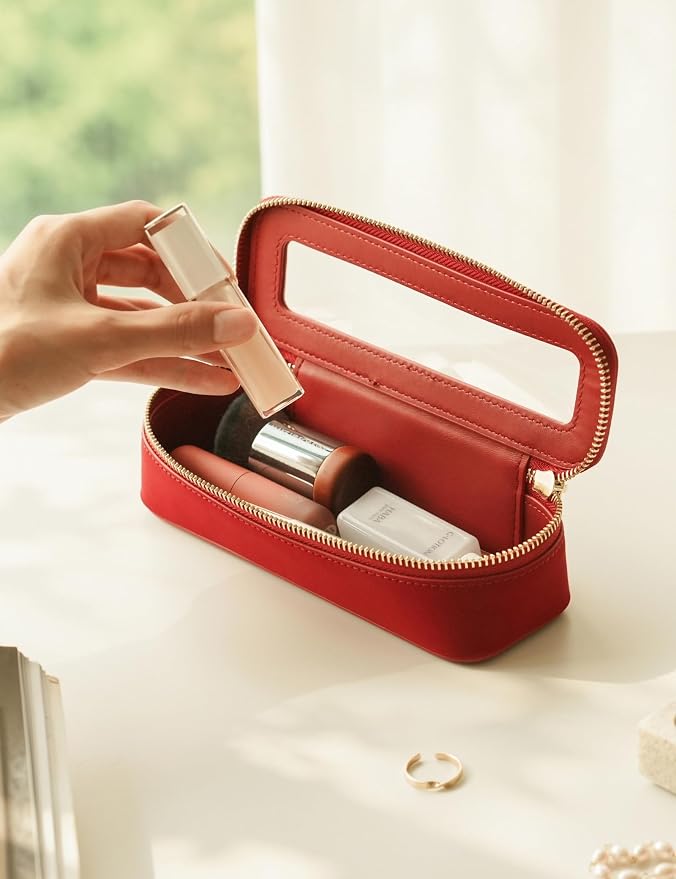 Popvibe Clear Makeup Bag Travel Cosmetic Case Toiletry Bag with Zipper, Portable Make Up Organizer Traveling Car Bag for Essentials, Red, Slim - Image 4