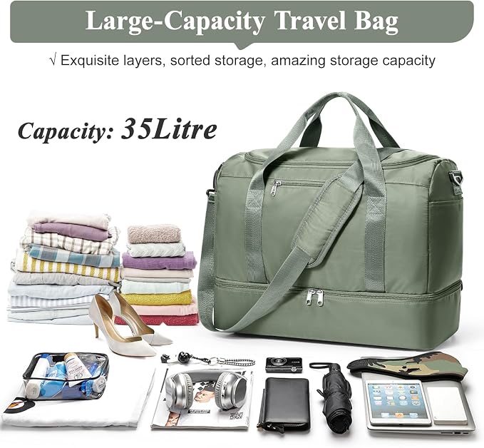 Travel Duffel Bag,Carry-On Overnight Weekender Bags with Shoes Compartment | Travel Bag with Wet Pocket & Luggage Sleeve, For Spirit Airlines 18x14x8 Personal Item Bag,Small,Olive Green - Image 3