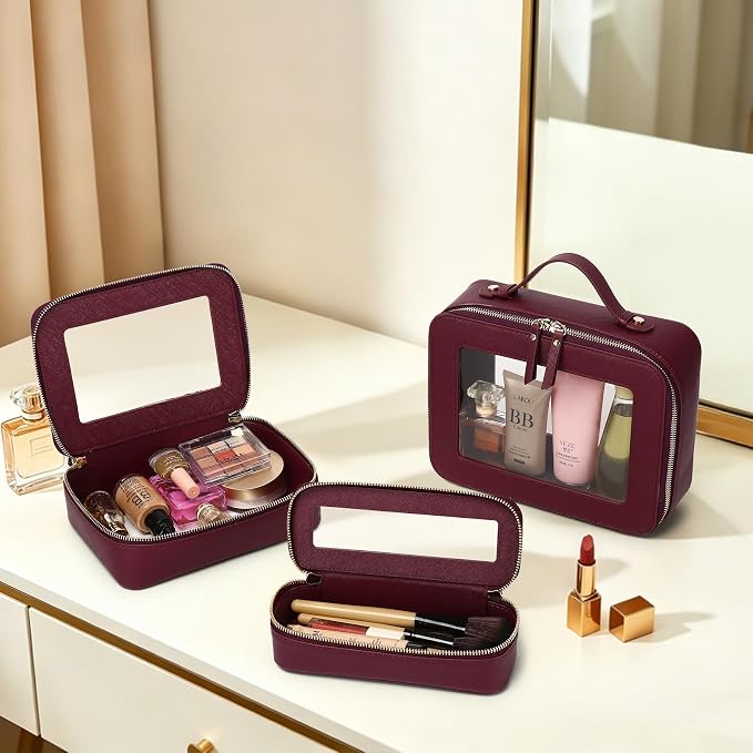 Travel Makeup Set, Burgundy, L+M+SLIM | Waterproof, Transparent Cosmetic Bag, Toiletry Bag, Makeup Brush Case with Zipper, Car Essentials for Women - Image 2