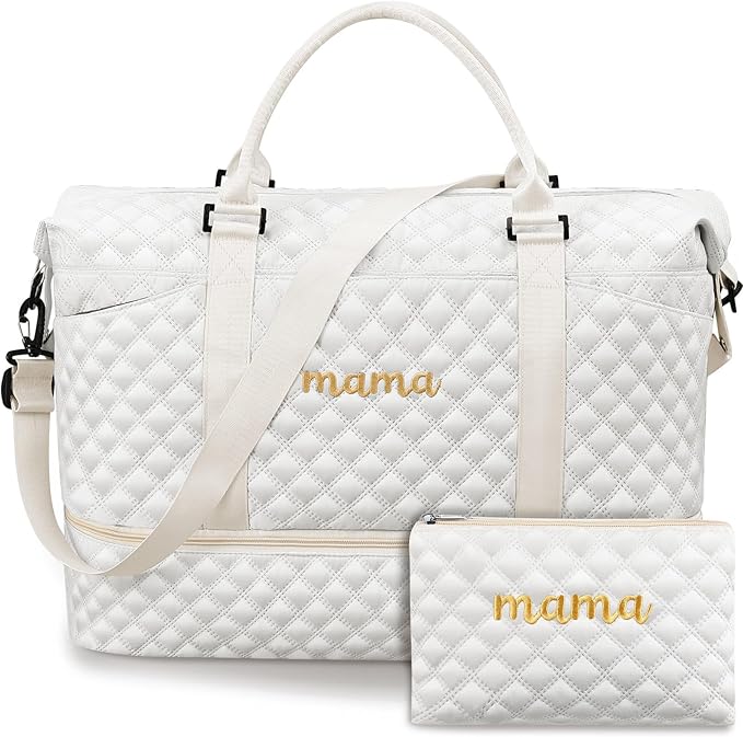 Dansydaisy Mama Hospital Bag for Women Labor Delivery Travel Duffle Bag with Shoe Compartment and Toiletry Pouch Waterproof Letter Embroidered for Pregnancy Weekend Overnight Gym Gift, White by Dansydaisy