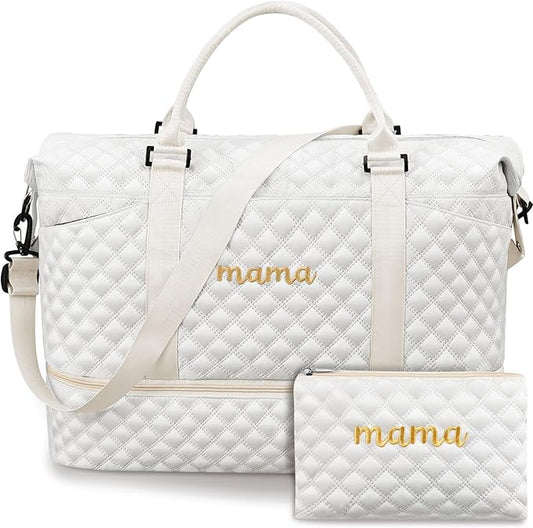 Dansydaisy Mama Hospital Bag for Women Labor Delivery Travel Duffle Bag with Shoe Compartment and Toiletry Pouch Waterproof Letter Embroidered for Pregnancy Weekend Overnight Gym Gift, White by Dansydaisy