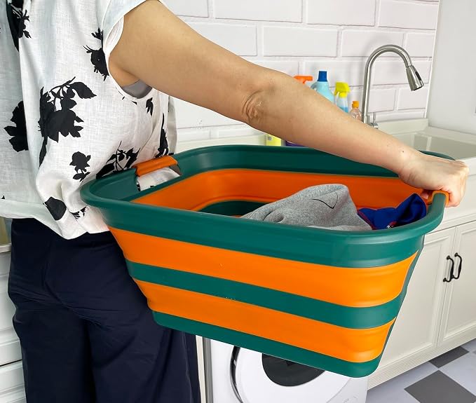 SAMMART Collapsible Plastic Laundry Basket with Handle/Foldable Pop Up Storage Hamper/Portable Laundry Organizer-Space Saving Washing Tub/Household Storage (Teal Green/Autumn leaf, 42L) - Image 3