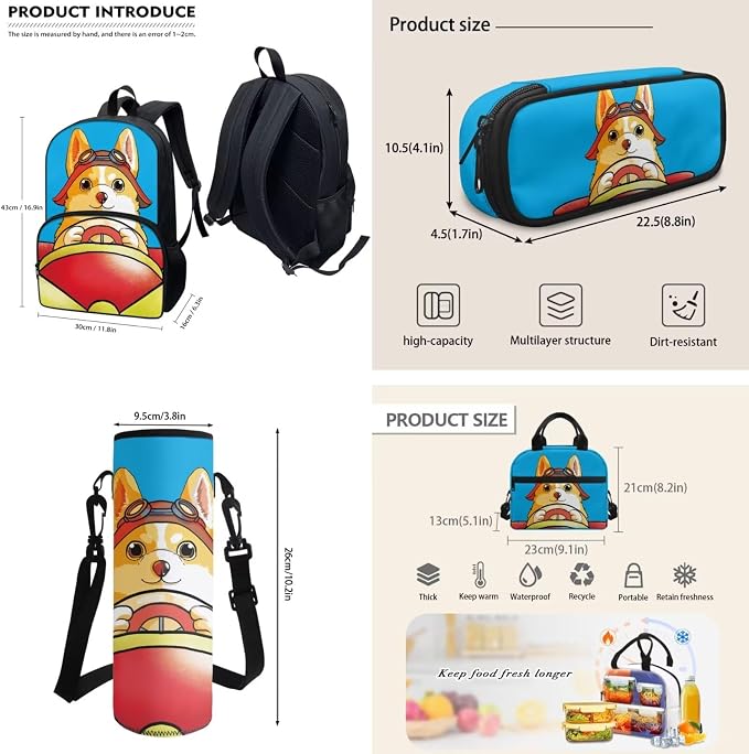 POLERO Corgi Pilot Backpack for Boys 4-6 Kids Toddler School Bookbag Set with Lunch Box Pencil Case Water Bottle Cover Bag Casual Daypack 4Pcs for First Grade - Image 4