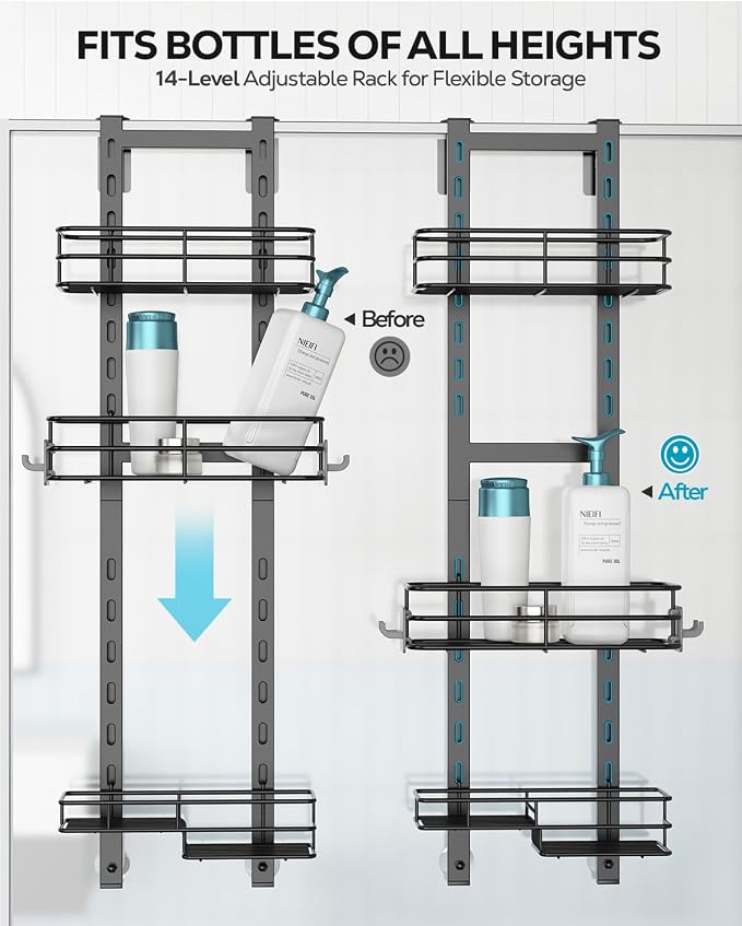 Nieifi Over The Door Shower Caddy, Adjustable Hanging Shower Organizer | Adjustable hanging baskets, 4 hooks, large capacity, rustproof steel, pantry organizer, drill free, for bathroom, black - Image 3
