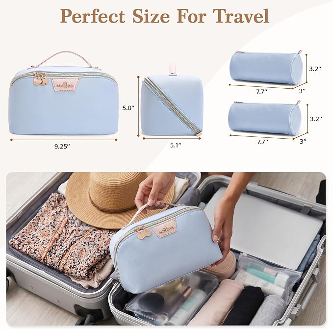 Travel Makeup Bag for Women: 3-in-1 Large Capacity Cosmetics Organizer with 2 Detachable Pouch - Vegan Leather Flat Open Toiletry Bag - Travel Essentials for Full-Sized Bottles(Light Blue) - Image 5
