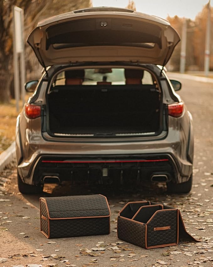 Owleys Rear Cargo Organizer For SUV | Set Of 17.7" & 21.6" Eco-Leather Crates | Foldable Car Storage With Magnetic Lids | Durable Car Trash Bin & Tote | Stylish Gifts For Boyfriend | Black-Brown - Image 8