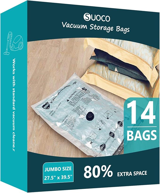 Vacuum Storage Bags, Compression Packing Space Saver Seal Bags for Clothing Bedding Comforters Blankets Pillows, 14 Jumbo by SUOCO
